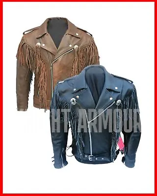 Mens CE Armoured Motorcycle Cowboy Tassel Fringe Cruiser Leather Jacket • $69
