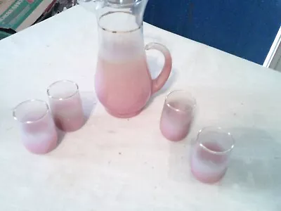 Vintage Frosted Pink Glass Pitcher 4 Matching Juice Glasses • $43.99