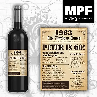 £3 • Buy Personalised 1963 60th Birthday Wine Gin Vodka Bottle Label - Newspaper