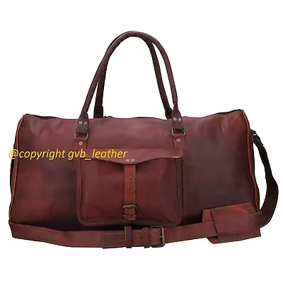 Vintage Real Dark Brown Leather Holdall Travel Weekend Cabin Air Duffel Bag Tan • £64.01