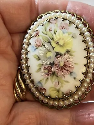 Vintage Hand Painted Porcelain Brooch Pin Germany 2.25” • $30