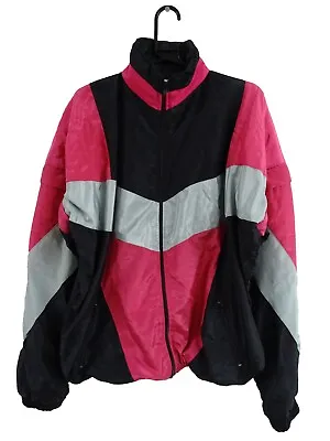Vintage Retro 80s Black Pink Shell Bomber Track Sports Jacket Size LARGE • £19.99