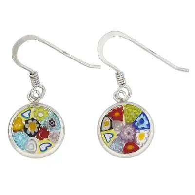Millefiori Glass Round Dangle Earrings  Multicolor  Flower - Silver Small - Mura • $44.95