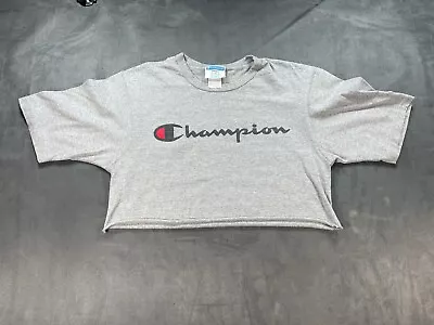 CHAMPION Women's Gray SMALL Midriff Abs Summer Fun Shirt Spellout Cropped • $18.50