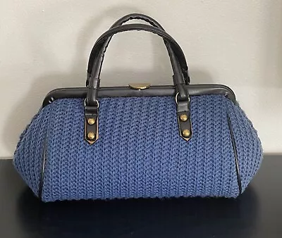 Adorable Vtg KADIN Handbags Blue Crochet Sweater Knit Structured Doctor Tote Bag • $49