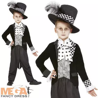 Dark Mad Hatter Boys Fancy Dress Halloween Wonderland Fairy Tale Kids Costume  • £11.99