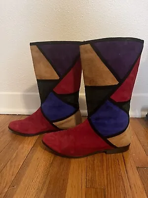 Van Eli 1980's Red Black Green Color Block Italian Suede Boots I Sz 6.5 • $50