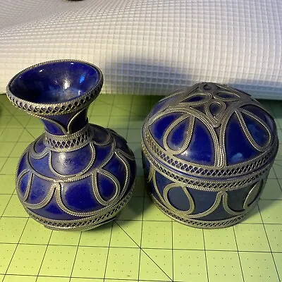 £99 • Buy SET Vintage  Morocco 5” Cobalt Vase AND 3 1/2  Box Silver Filigree Metal Overlay