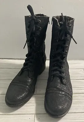 Betsey Johnson Womens Black Sparkle Zip Tie Combat Military Style Boot Size 7.5 • $50
