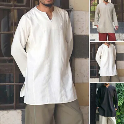 Men's Vintage Shirt Kurta Long Sleeve V Neck Casual Loose Beach Shirts Tunic Top • $19.62