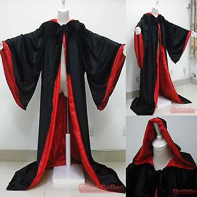 New Stock Black Velvet Robe Hooded Cloak Red Wizard Cloak Wicca LARP Gothic • $40.23