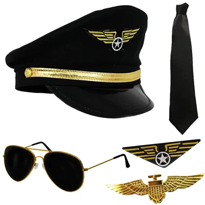 £9.99 • Buy Captain Pilot Fancy Dress Costume Accessory Hat Aviator Glasses Badge Tie 80's