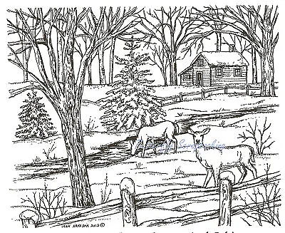 Winter Deer Cabin Scene Wood Mounted Rubber Stamp Northwoods P9362 New • $17.50