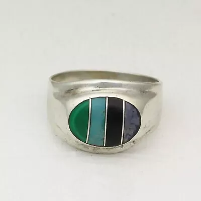 Mexico 925 Sterling Silver Onyx Lapis Malachite Turquoise Vintage Ring - Size 12 • $100