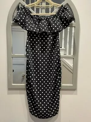 £5.99 • Buy Boohoo Maternity Black And White Bardot Polka Dot Midi Dress - Size 12