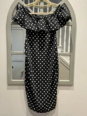 £5.99 • Buy Boohoo Maternity Black And White Bardot Polka Dot Midi Dress - Size 12