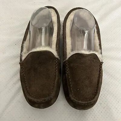 UGG Ansley Leather Brown Sheepskin Slip On Moccasin Fur Lined Slippers Size 10 • $29.95