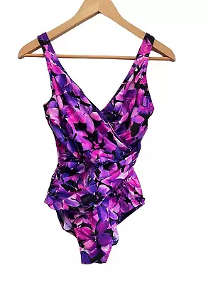 Miraclesuit For Kirkland Pink Purple Black Floral 1 Piece Shirred Swimsuit Sz 8 • $28.95