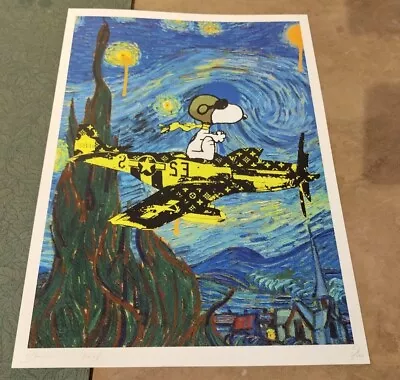DEATH NYC Ltd Ed Signed Art Print 45x32cm Aviator Snoopy X Vincent Van Gogh • $179.99