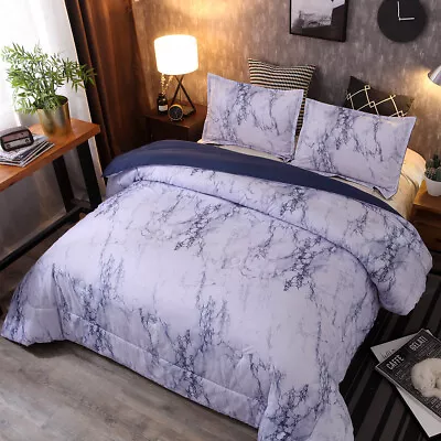 Blue Marbled Comforter Set Pillowcases Down Alternative US Queen Size Bed Modern • $82.34