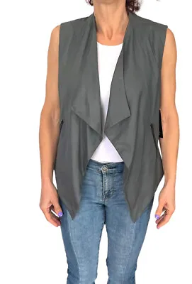 My Tribe  Mtv055 100% Leather Gray Drape Collar Zip Pocket Open Vest Nwt $238 L • $40.79