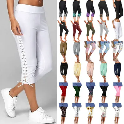 Ladies Womens Elasticated Waist Three Quarter 3/4 Capri Cropped Pants Trousers • £10.29