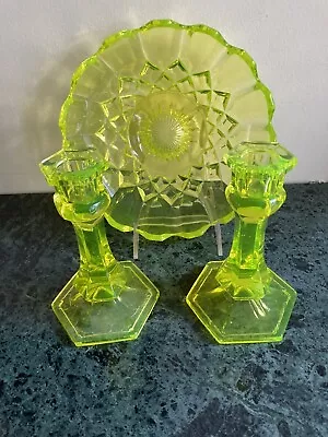 Absolutely Gorgeous Vaseline Glass Bowl Two Candlestick One On Each Side • $140