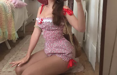 Pin Up Playsuit Cottagecore Strawberry Red Gingham 50s Style XS Prairie 6 8 • £37
