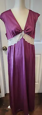 Vintage BARAD LONG NIGHTGOWN - BURGUNDY WITH LACE INSET TIE FRONT - SIZE L • $35