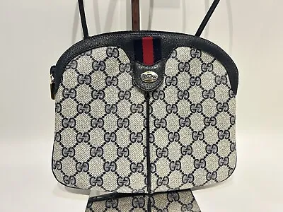 GUCCI GG  Vintage Crossbody Bag Sherry Line Shoulder Bag Navy  PVC Leather 0179 • $299.99