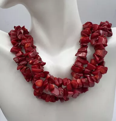 Vtg Natural Red Coral Necklace Triple 3 Strand Twist Chunky Mediterranean 20” • $58.65