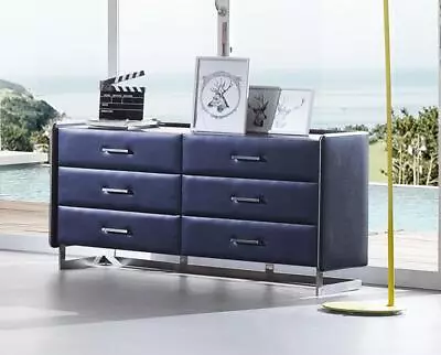 Design Chest Of Drawers Leather Big Luxury Black Cabinet Sideboard New Blue Wood • £1450.89