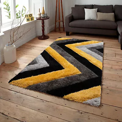 Non-Slip 3D Carved Chevron Grey And Yellow Shaggy Soft Floor Rug • £29.95