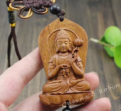 Wood Carving Lotus Guan Kwan Yin Buddha Statue Car Pendant Amulet Wooden Hanger • $8.79