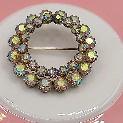 Brooch Round Aurora Borealis Rhinestones/ Gold Tone. Possible Weiss Unsigned.Vtg • $16