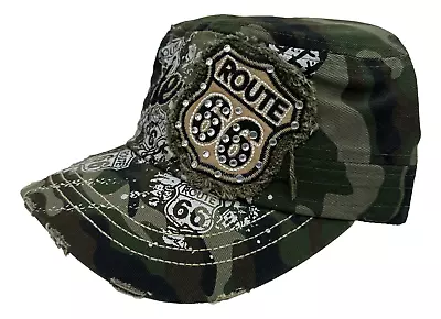 Route 66 Round Top Distressed Army BDU Fatigue Baseball Cap Rhinestone Cadet Hat • $19.49