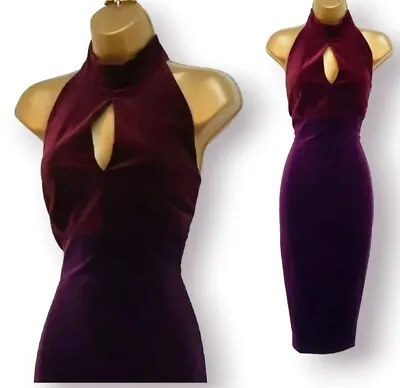 Karen Millen Mulberry Purple High Neck Velvet Wiggle Pencil Occasion Dress UK 12 • £59.99