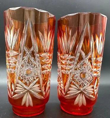 Vintage Orange Red Cut Clear Water Juice Glass Pair European • $19.99