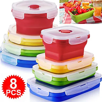 8PCS Silicone Foldable Portable Lunch Box Food Storage Container Bento Box • £21.99