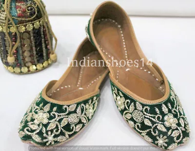 US Bridal Shoes For Women Flat Juttis Ethnic Jooti Indian Handmade Mojari SS387 • $48