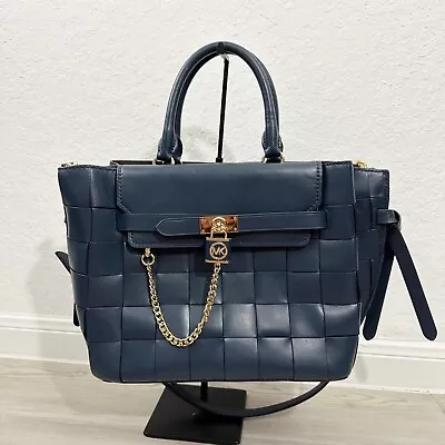 Rare Michael Kors Hamilton Legacy Large Woven Leather Belted Satchel Bag Blue • $498