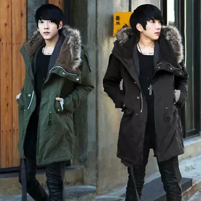 Korean Men's Fur Collar Hooded Winter Thicken Slim Trench Long Coat Jacket Parka • $64.24