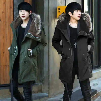 Men's Trench Korean Fur Collar Hooded Winter Thicken Slim Long Coat Jacket Parka • $64.67