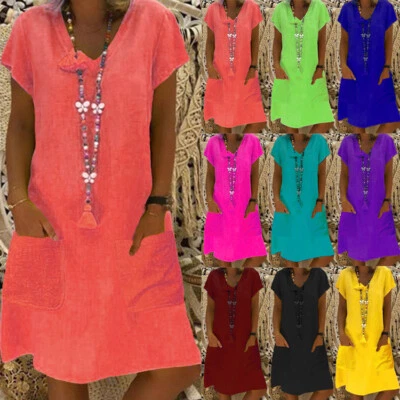 £9.69 • Buy Womens Midi Dress Ladies Pullover Pockets Short Sleeve Casual Loose Party Summer