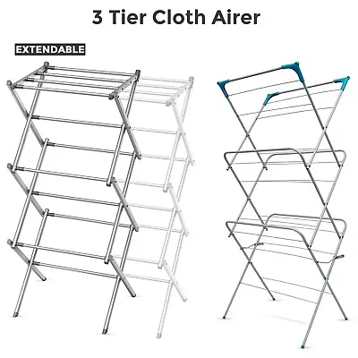 3 Tier Clothes Airer Dryer Metal Laundry Horse Drying Rack Indoor Outdoor Patio • £11.85