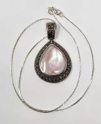 VTG Pink Mother Of Pearl Marcasite Sterling Silver Teardrop Pendant Necklace 19g • $49