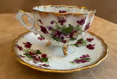 Napco 3 Footed Tea Cup & Saucer Wild Violets Porcelain Floral Set Vintage DD 239 • $28.50