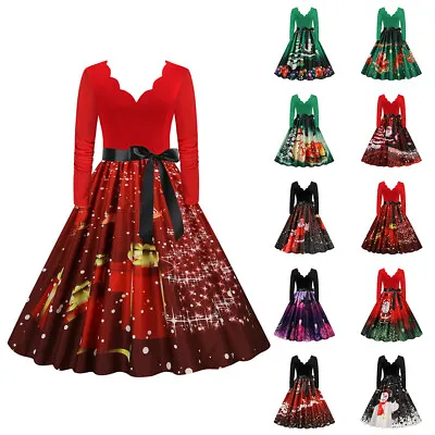 $33.84 • Buy Women Christmas V Neck Long Sleeve Print A-Line Dress Xmas Party Swing Dresses