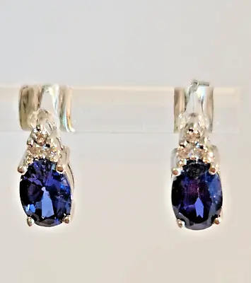 14K White Gold Synthetic Sapphire And Diamond Earrings Stud Style 3/8   Long • $95