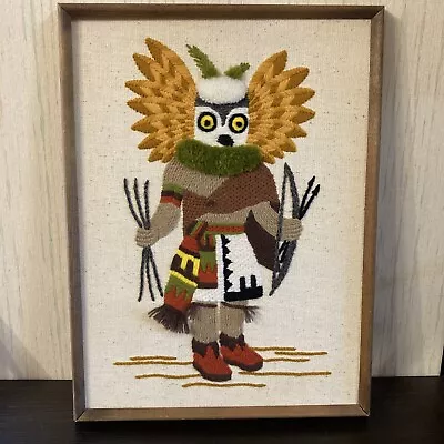 Vtg Native American Owl Kachina Framed Needlepoint Embroidery Framed • $45